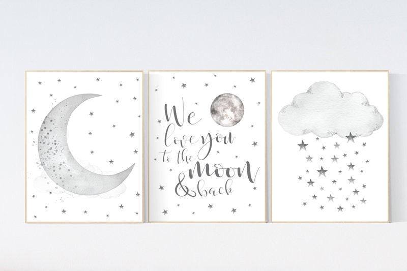 Nursery wall art grey, gray nursery, nursery decor neutral, baby room decor gender neutral, moon and stars, grey nursery decor baby room art