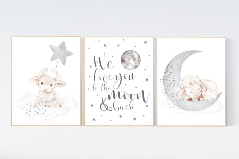 Sheep nursery decor, Gray nursery decor, nursery decor lambs, nursery wall art sheep, moon and cloud wall art nursery gender neutral nursery