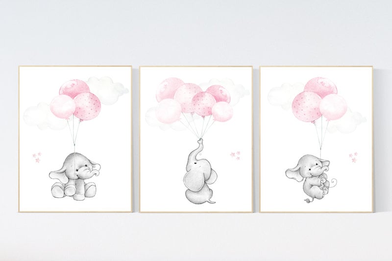 Nursery wall art girl, Nursery decor girl pink and gray, nursery wall art elephant, elephant nursery, nursery wall art animals, woodland.