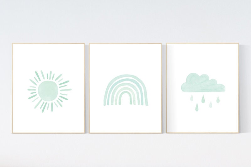 Nursery prints rainbow, gender neutral, mint nursery wall decor, rainbow, moon, cloud, nursery wall art, nursery decor neutral, mint green
