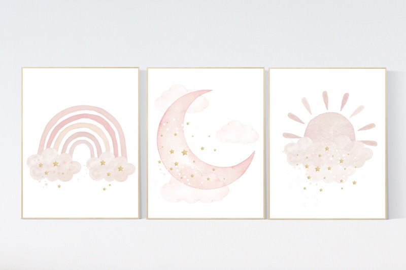 Nursery prints rainbow, blush Nursery decor girl, blush gold nursery wall art, blush pink, moon star, cloud, nursery wall art, sun nursery
