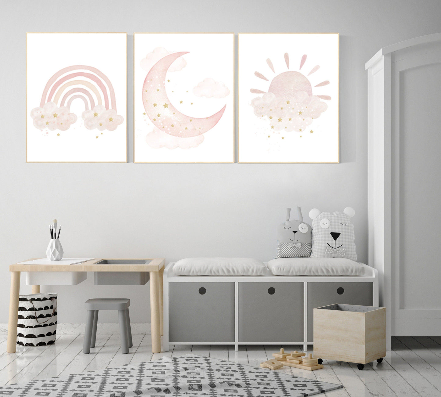 Nursery prints rainbow, blush Nursery decor girl, blush gold nursery wall art, blush pink, moon star, cloud, nursery wall art, sun nursery