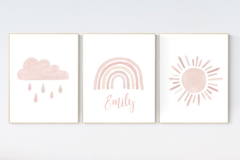 Nursery prints rainbow, rainbow nursery art, blush nursery, nursery decor girl, nursery wall art, blush pink, rainbow, moon, cloud