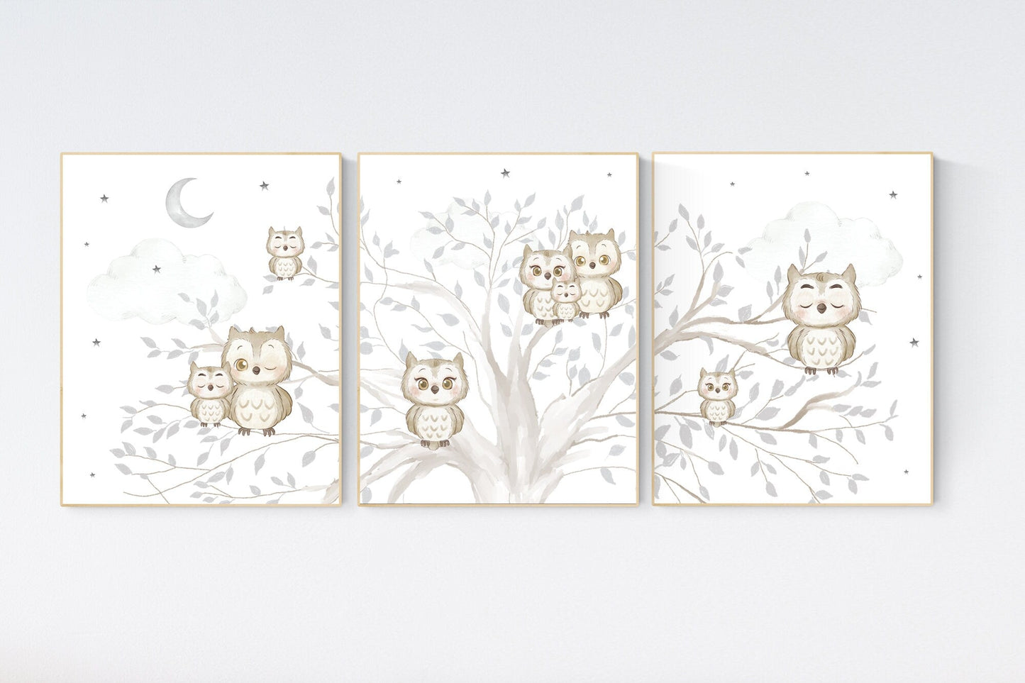 Nursery wall art grey, gray nursery, gender neutral nursery, owl nursery, moon, stars, grey nursery wall decor, baby room art prints