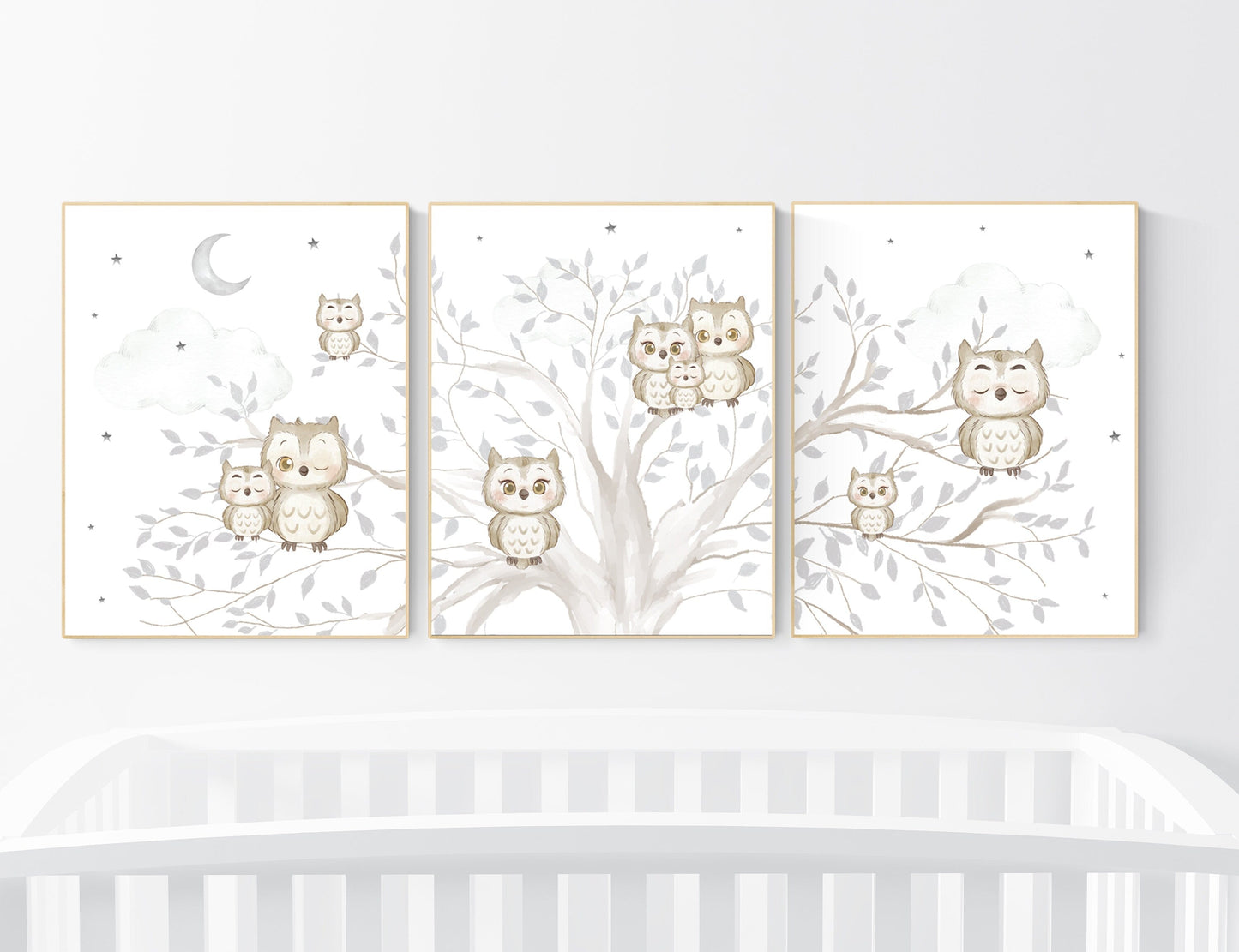 Nursery wall art grey, gray nursery, gender neutral nursery, owl nursery, moon, stars, grey nursery wall decor, baby room art prints