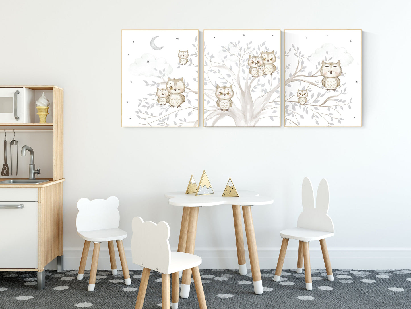 Nursery wall art grey, gray nursery, gender neutral nursery, owl nursery, moon, stars, grey nursery wall decor, baby room art prints