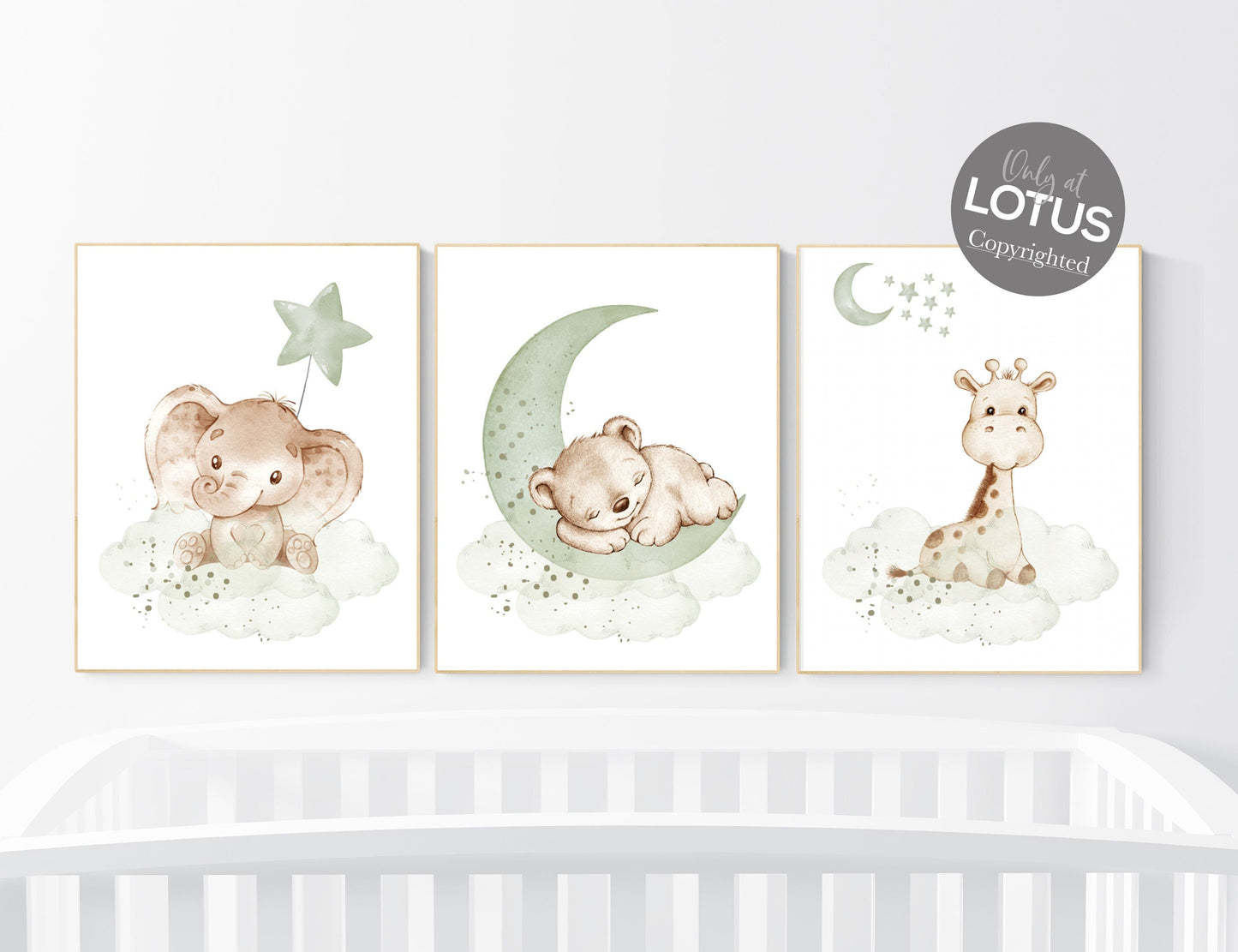 Nursery wall art animals, green nursery, gender neutral nursery, sage green, baby room decor, bear, elephant, giraffe, animal prints