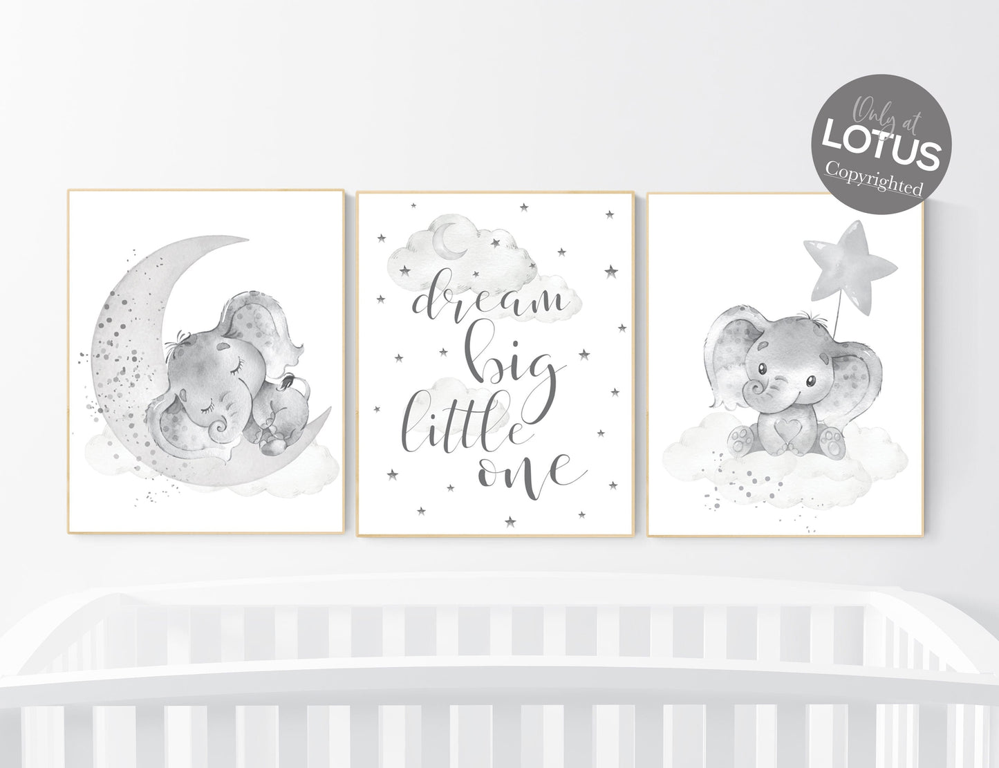 Grey nursery wall art, elephant nursery wall art, gender neutral, gray nursery art, nursery wall decor, moon, stars, neutral, twin nursery