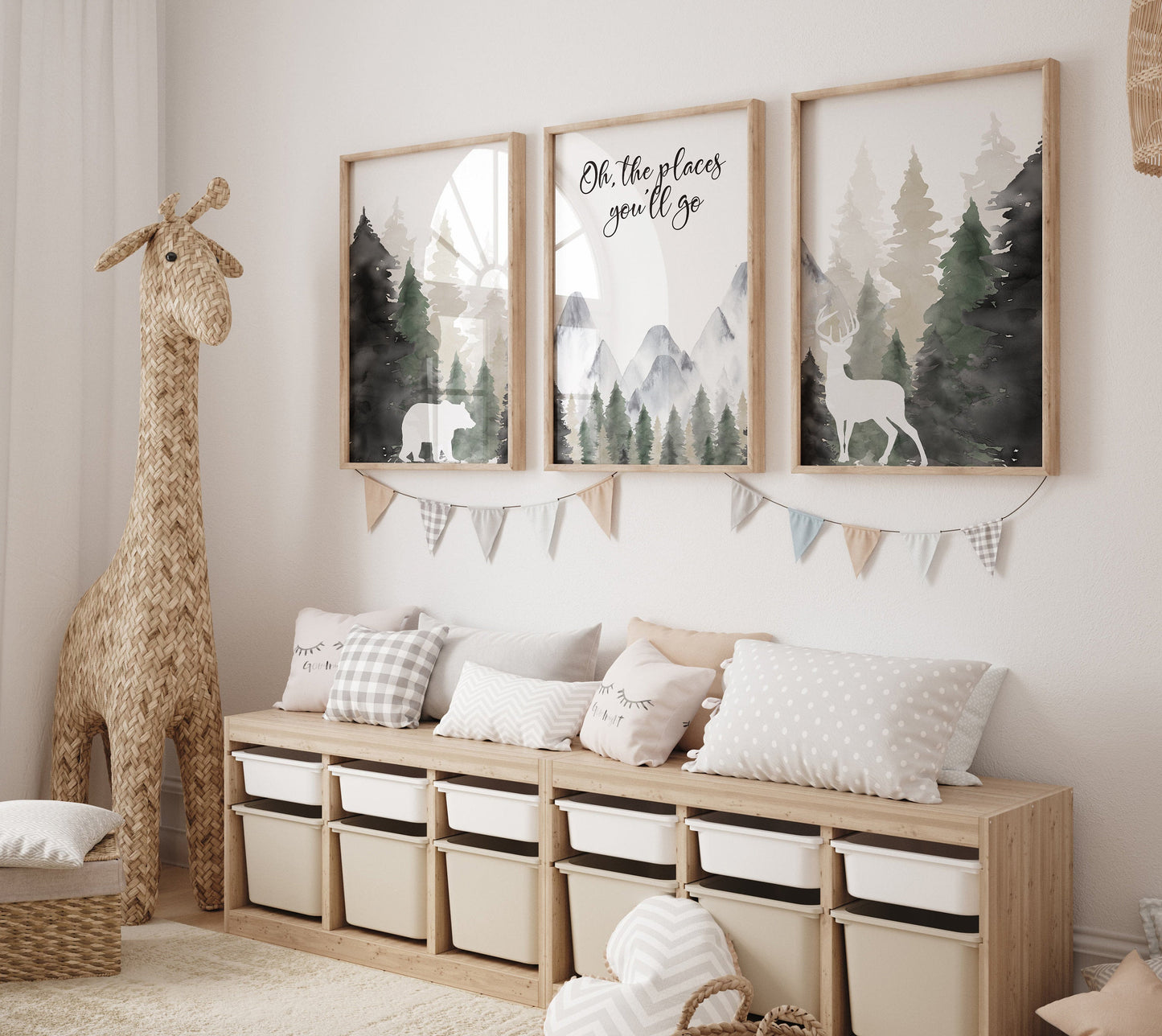 Nursery decor woodland, mountain wall art, tree nursery decor, adventure theme nursery, forest, sage green, beige, woodland animals