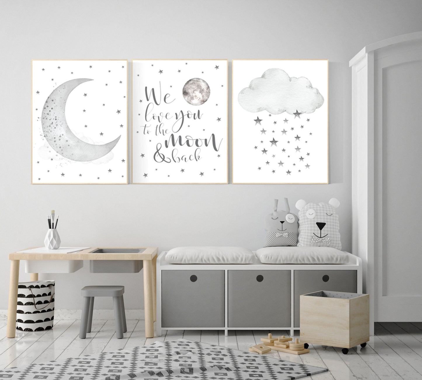 Nursery wall art grey, gray nursery, nursery decor neutral, baby room decor gender neutral, moon and stars, grey nursery decor baby room art