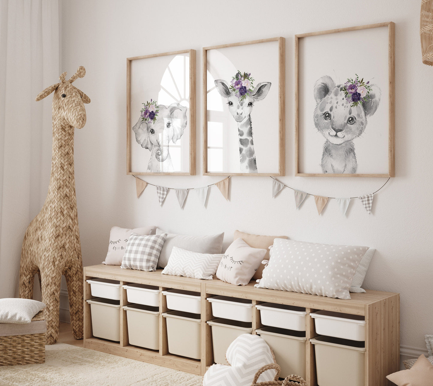 Purple nursery, girl nursery, animal nursery, Safari animals, Floral Nursery Prints, purple nursery, girls nursery decor, elephant nursery