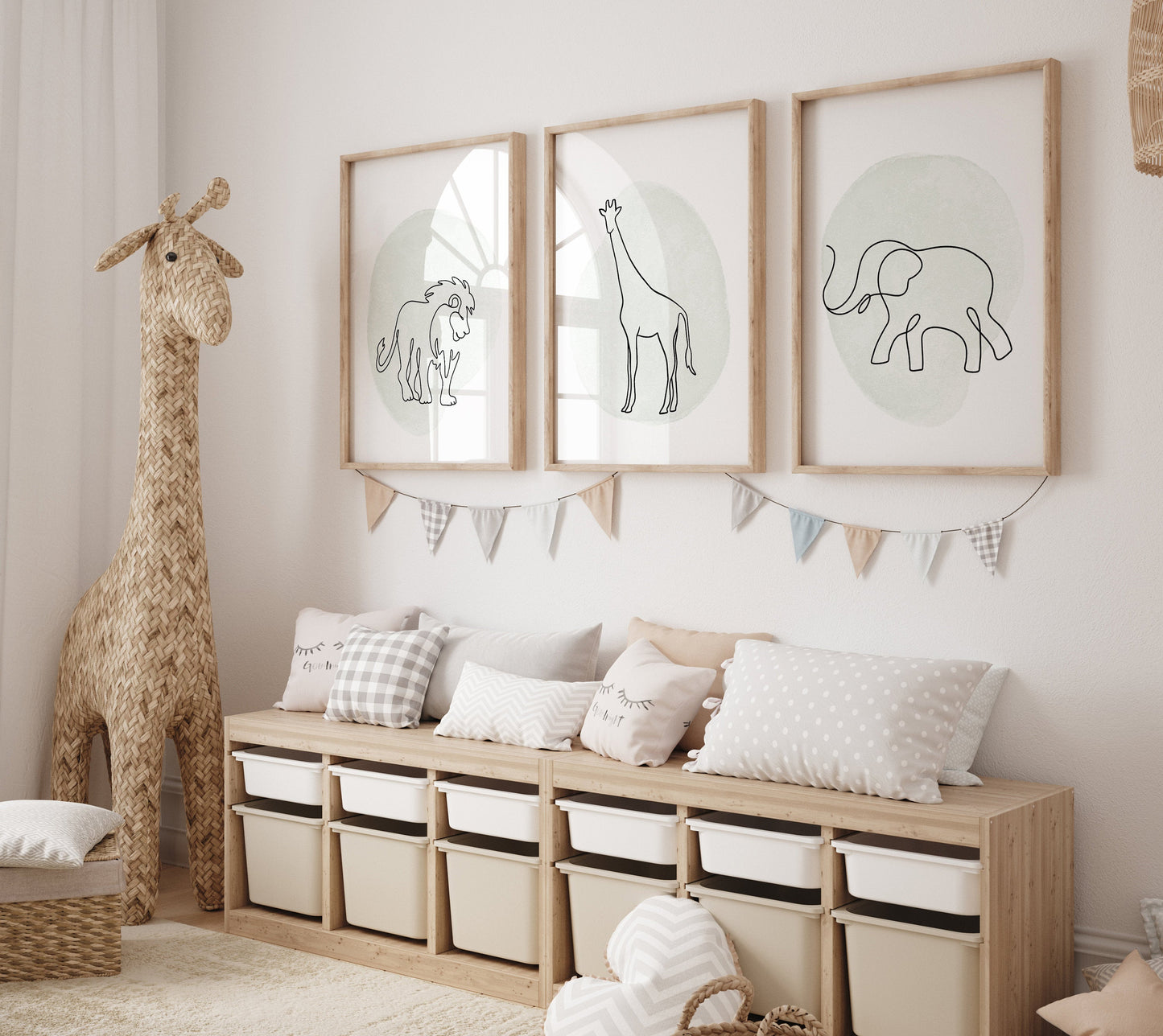 Nursery wall art animals, line art, animal nursery, gender neutral nursery, neutral nursery, sage nursery, lion, elephant, giraffe