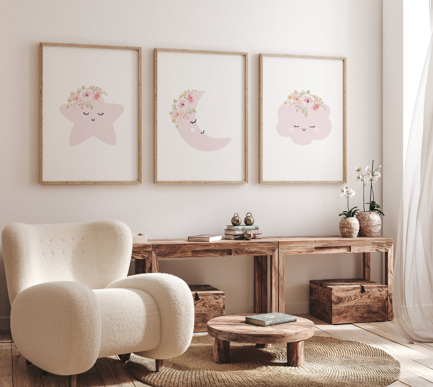 Moon nursery decor, baby pink nursery, flower nursery, nursery decor girl, star print, cloud print, girls room decor, pink nursery