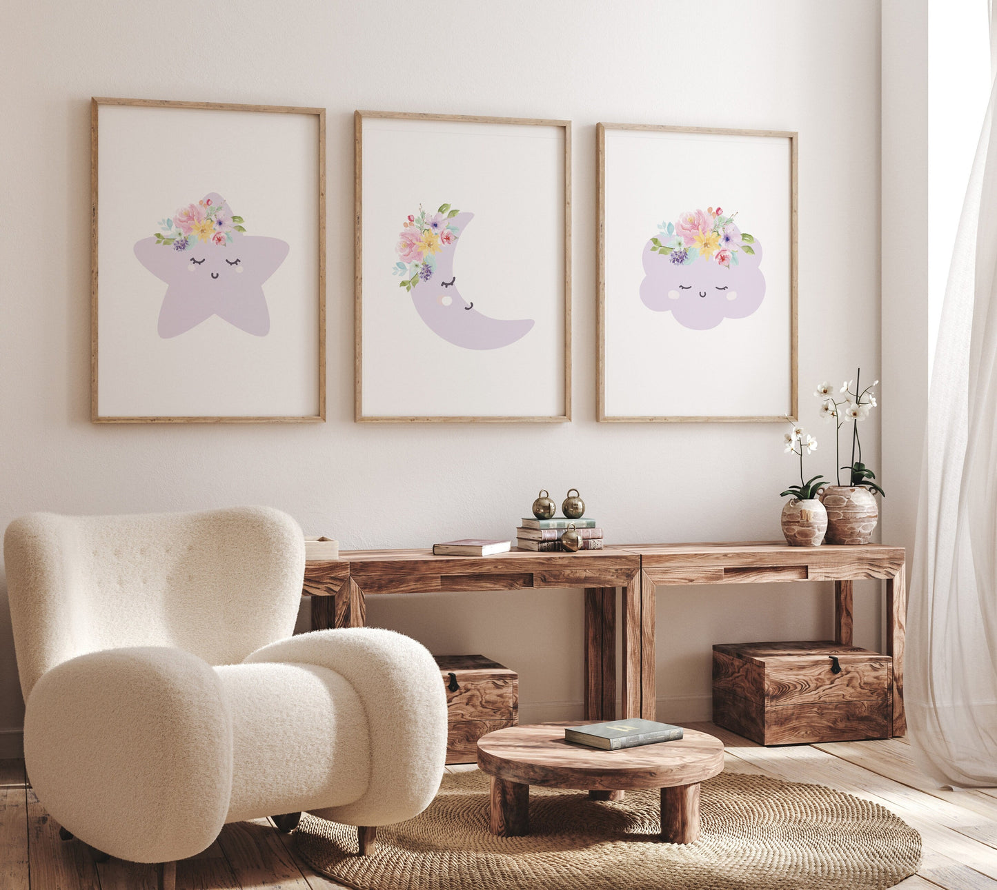 Purple nursery, Moon wall art, Moon nursery decor, flower nursery, nursery decor girl, lilac nursery, cloud print, girls room decor, floral