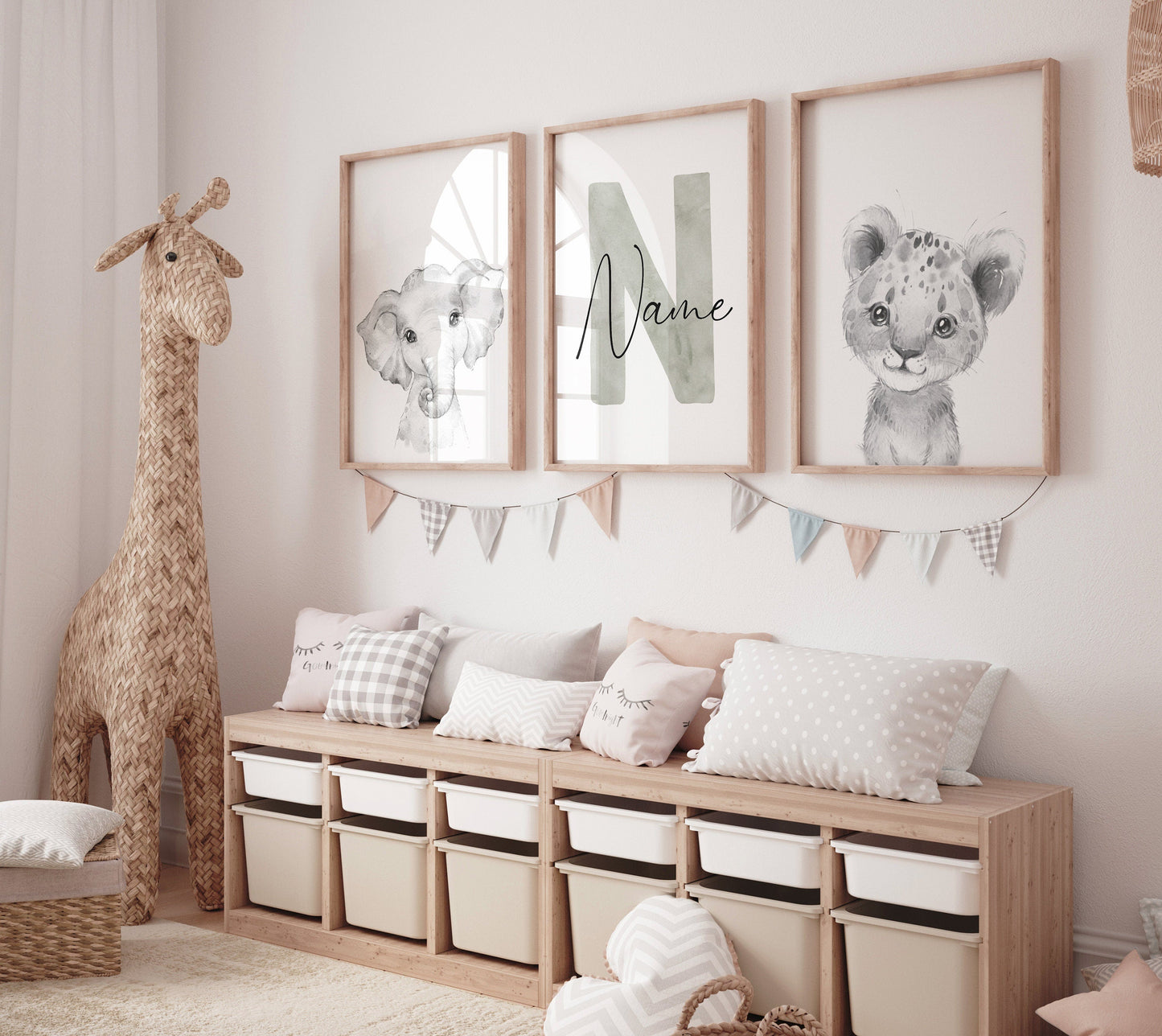 Nursery wall art animals, gray nursery, gender neutral nursery, sage green, baby room decor, bear, elephant, animal prints