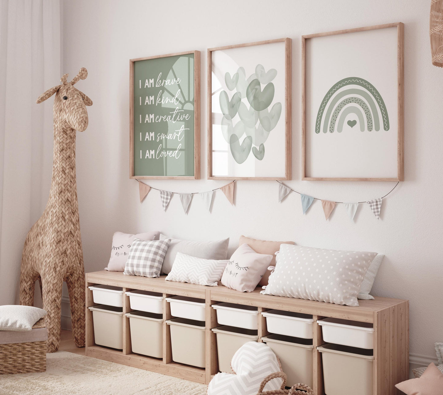 Nursery decor Boho, rainbow nursery, sage nursery, boys room decor, sage green nursery, I am brave, heart print, gender neutral nursery
