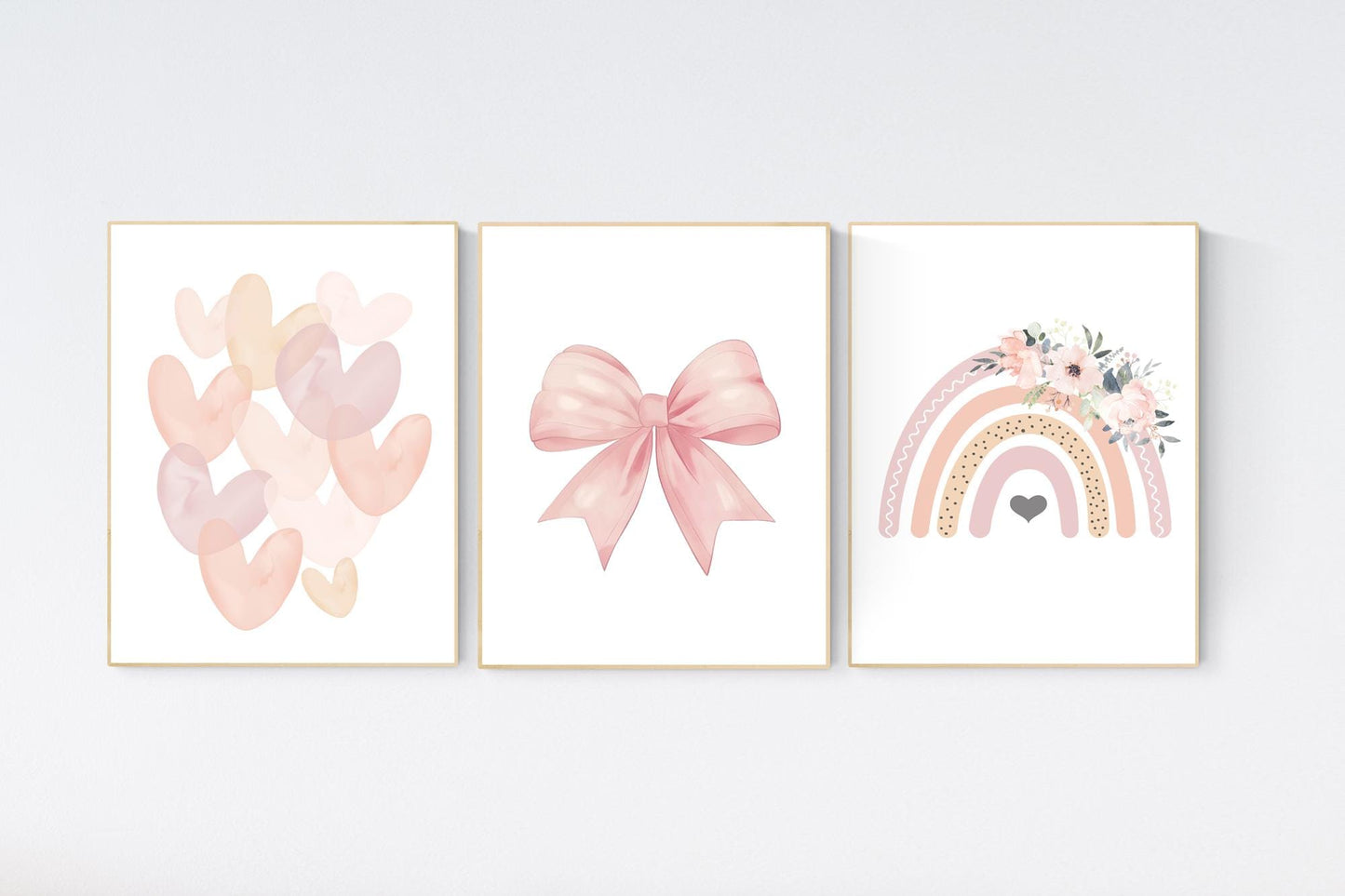 Rainbow nursery, heart print, bow print, Girl bedroom art, girls room decor, blush nursery, baby girl wall art, blush nursery