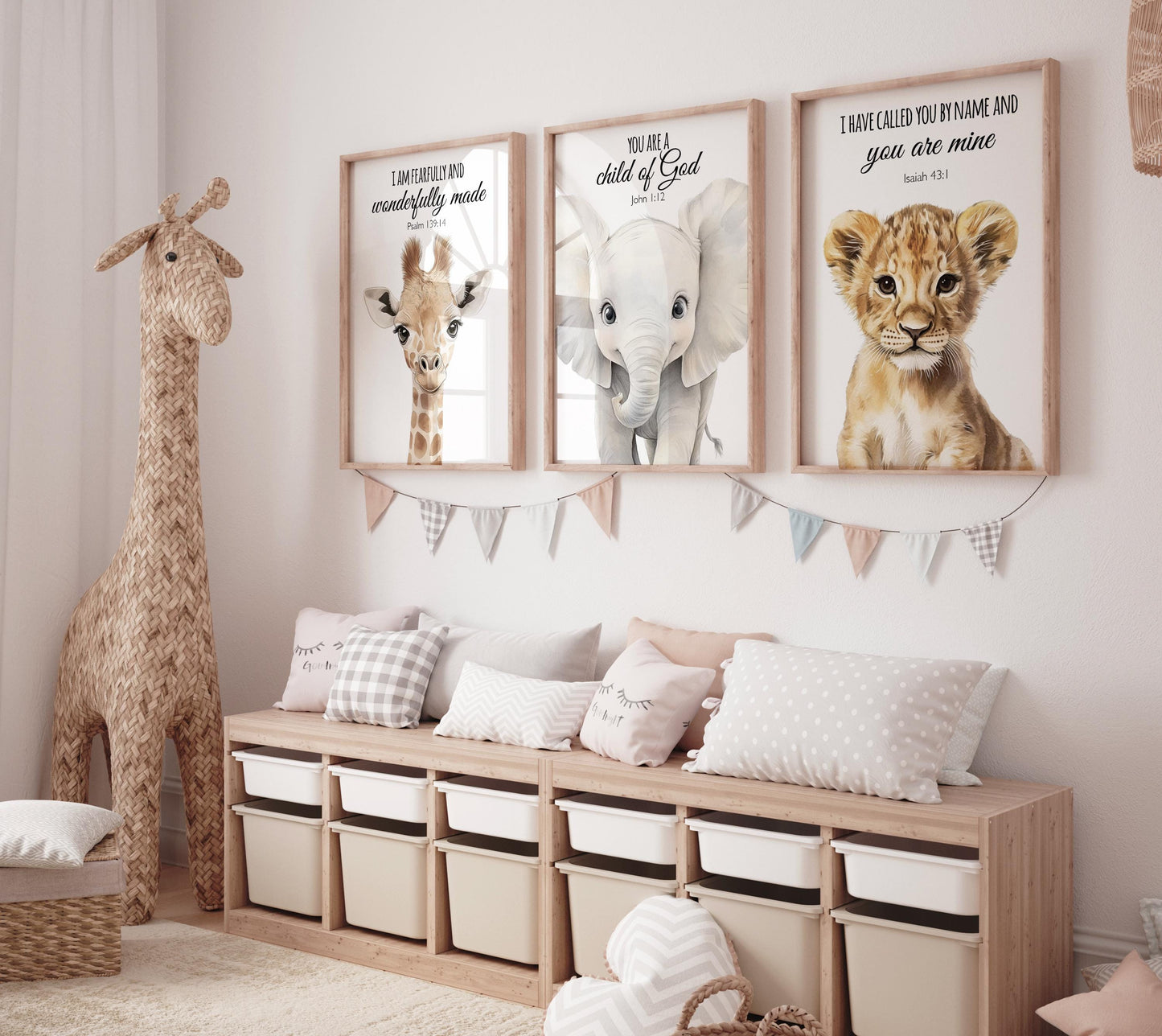 Safari Bible Verse Nursery Wall Art Set, Giraffe Elephant Lion Prints, Christian Baby Room Decor, Scripture Animal Posters for Kids