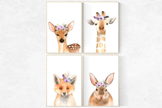 Nursery decor girls, nursery decor girl purple, animal flower crown, nursery prints animals, nursery decor girl flower purple flower nursery