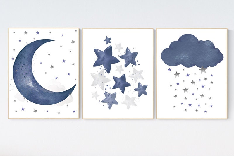 Navy nursery decor, cloud and stars, moon and stars, navy blue nursery art. baby room wall art, boy nursery decor, set of 3, nursery art