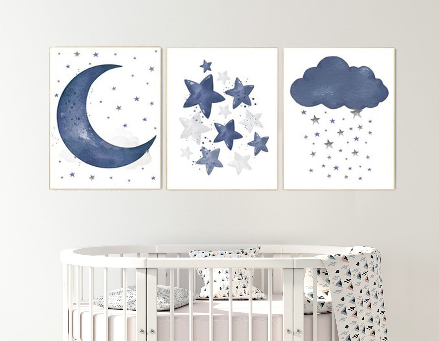 Navy nursery decor, cloud and stars, moon and stars, navy blue nursery art. baby room wall art, boy nursery decor, set of 3, nursery art