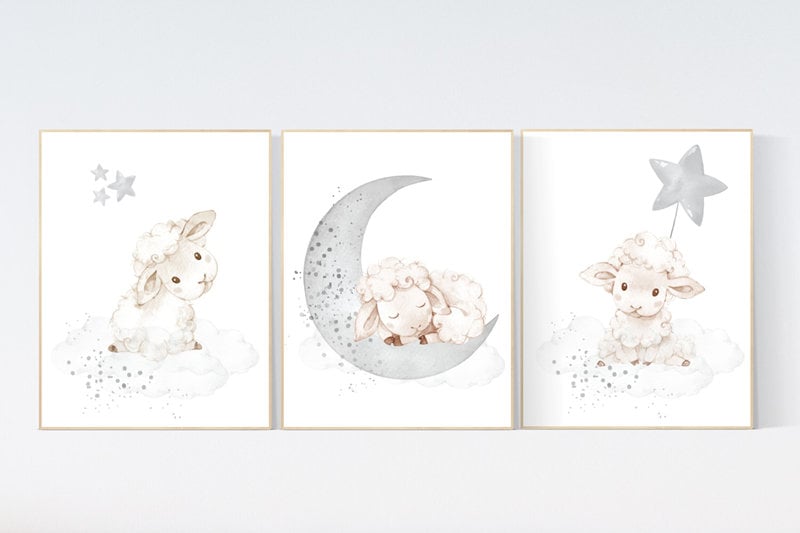 Sheep nursery decor, Gray nursery decor, nursery decor lambs, nursery wall art sheep, moon and cloud wall art nursery gender neutral nursery