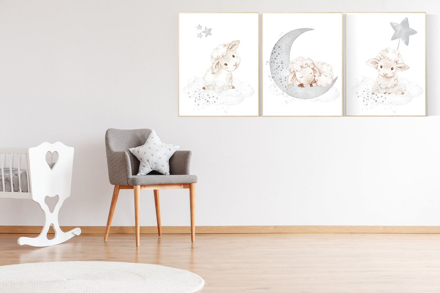 Sheep nursery decor, Gray nursery decor, nursery decor lambs, nursery wall art sheep, moon and cloud wall art nursery gender neutral nursery