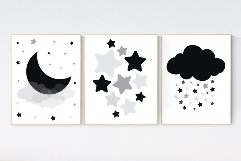 Nursery decor neutral, black and gray, Nursery wall art grey, gray nursery, black, baby room decor, gender neutral, moon and stars, clouds
