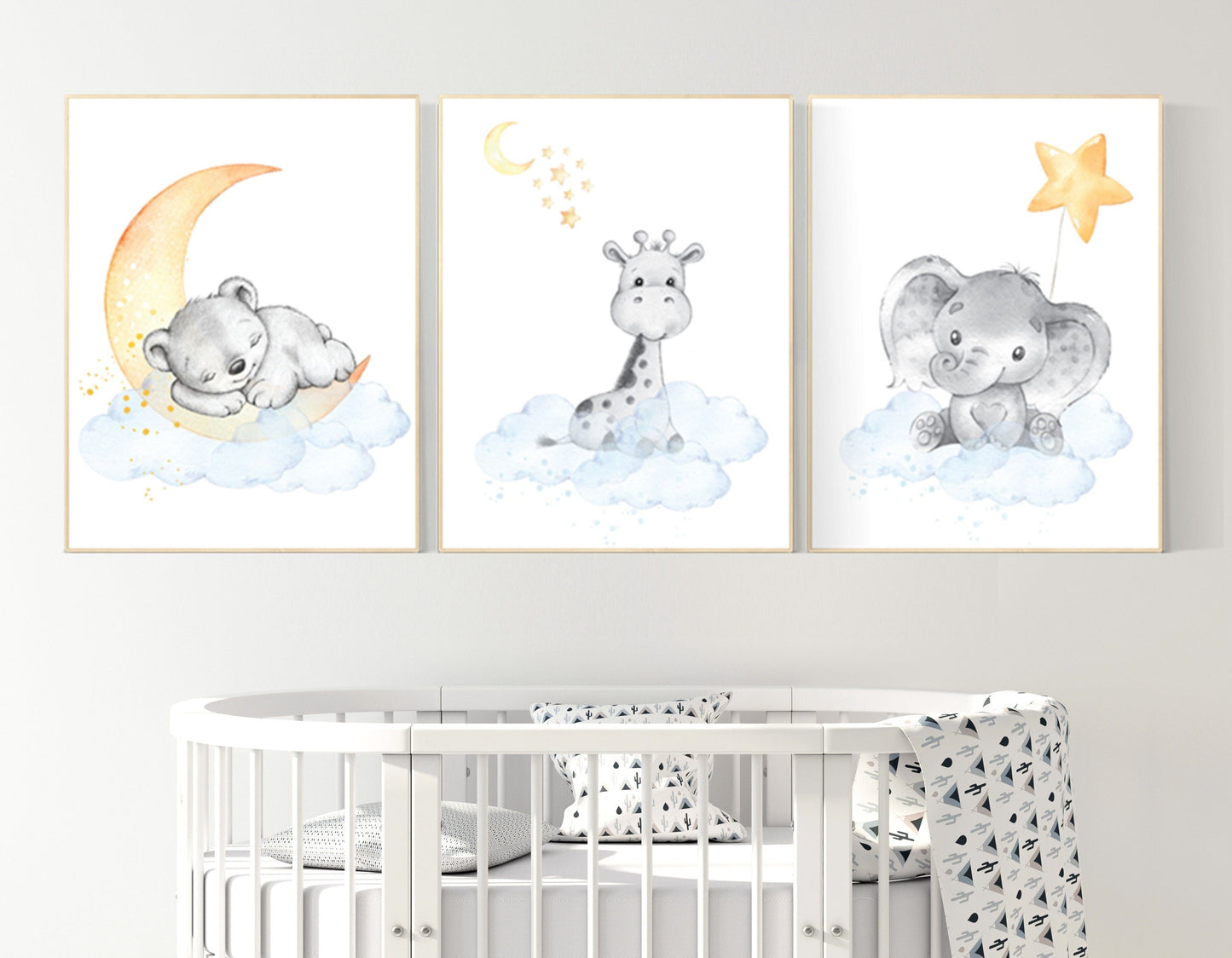 Animal nursery, gender neutral, blue yellow, moon and stars, elephant and giraffe nursery, bear, teddy bear, nursery decor twins, woodland
