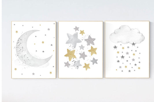 Nursery wall art gold, gold gray nursery, nursery decor neutral, moon and stars, baby room, gold silver nursery, moon and stars