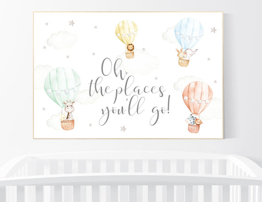 Hot air balloon nursery, gender neutral, safari animals, animal prints for nursery, twin nursery, unisex, oh the places you'll go, woodland