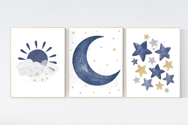 Navy nursery decor, cloud and stars, moon and stars, navy gold nursery art. baby room wall art, boy nursery decor, set of 3, nursery art