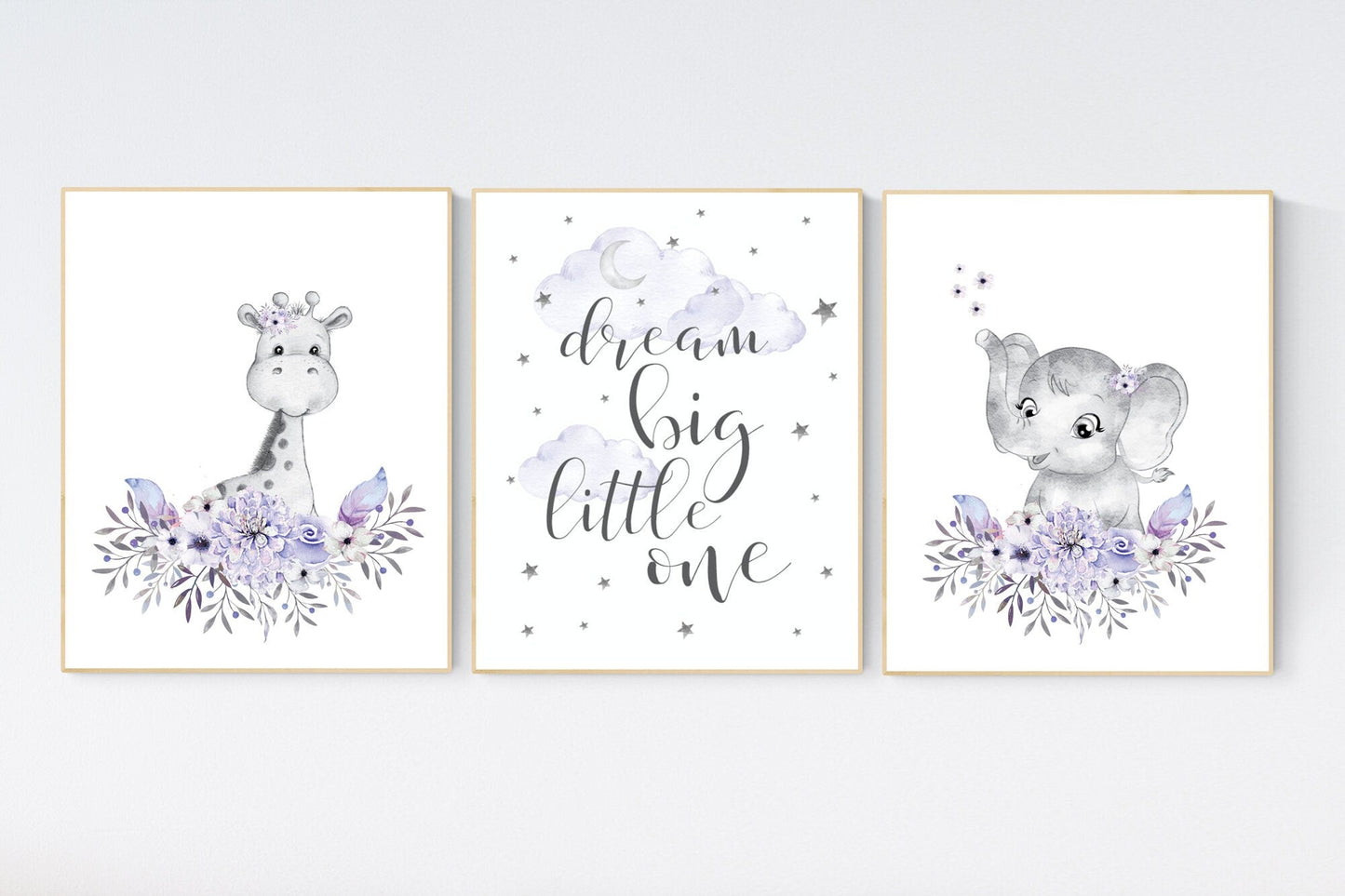 Nursery decor boho, Purple nursery, nursery wall art elephant, giraffe, nursery decor girl, nursery decor girl floral, lilac, lavender