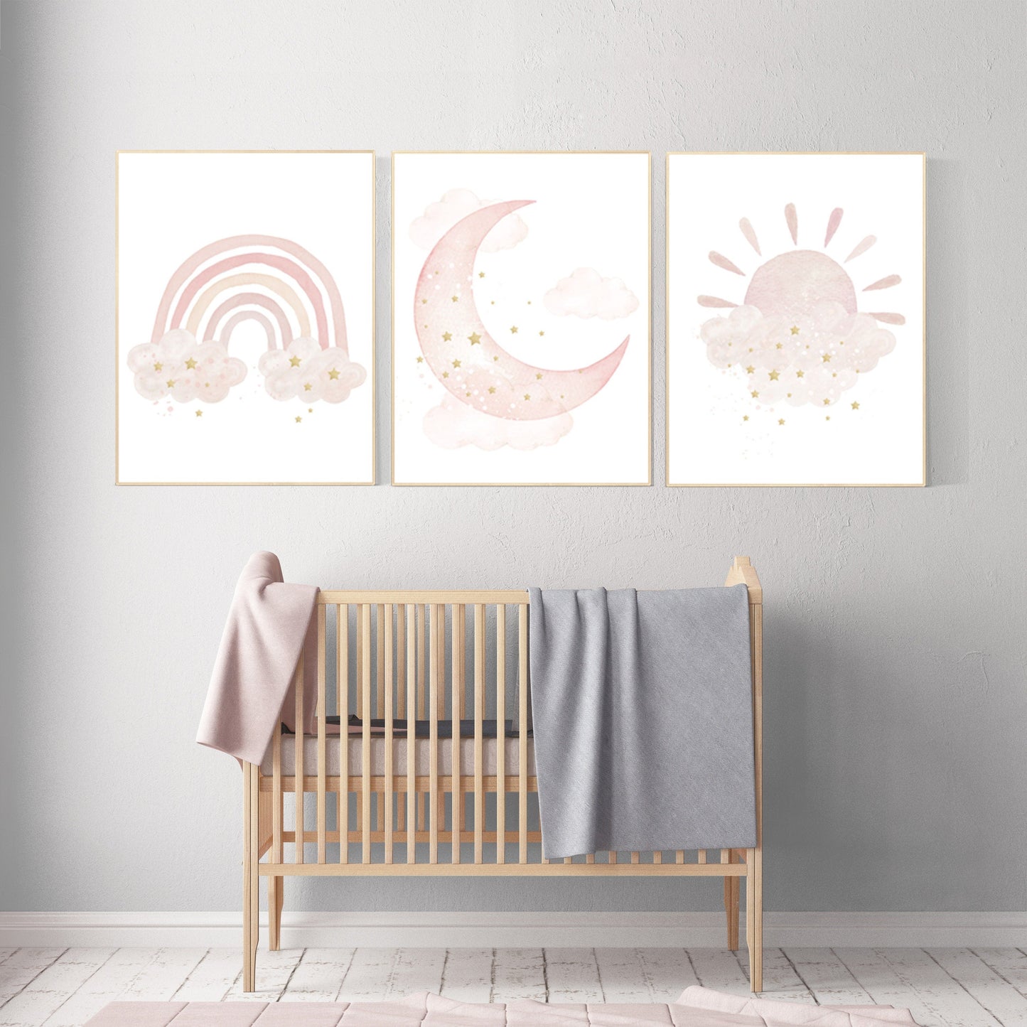 Nursery prints rainbow, blush Nursery decor girl, blush gold nursery wall art, blush pink, moon star, cloud, nursery wall art, sun nursery