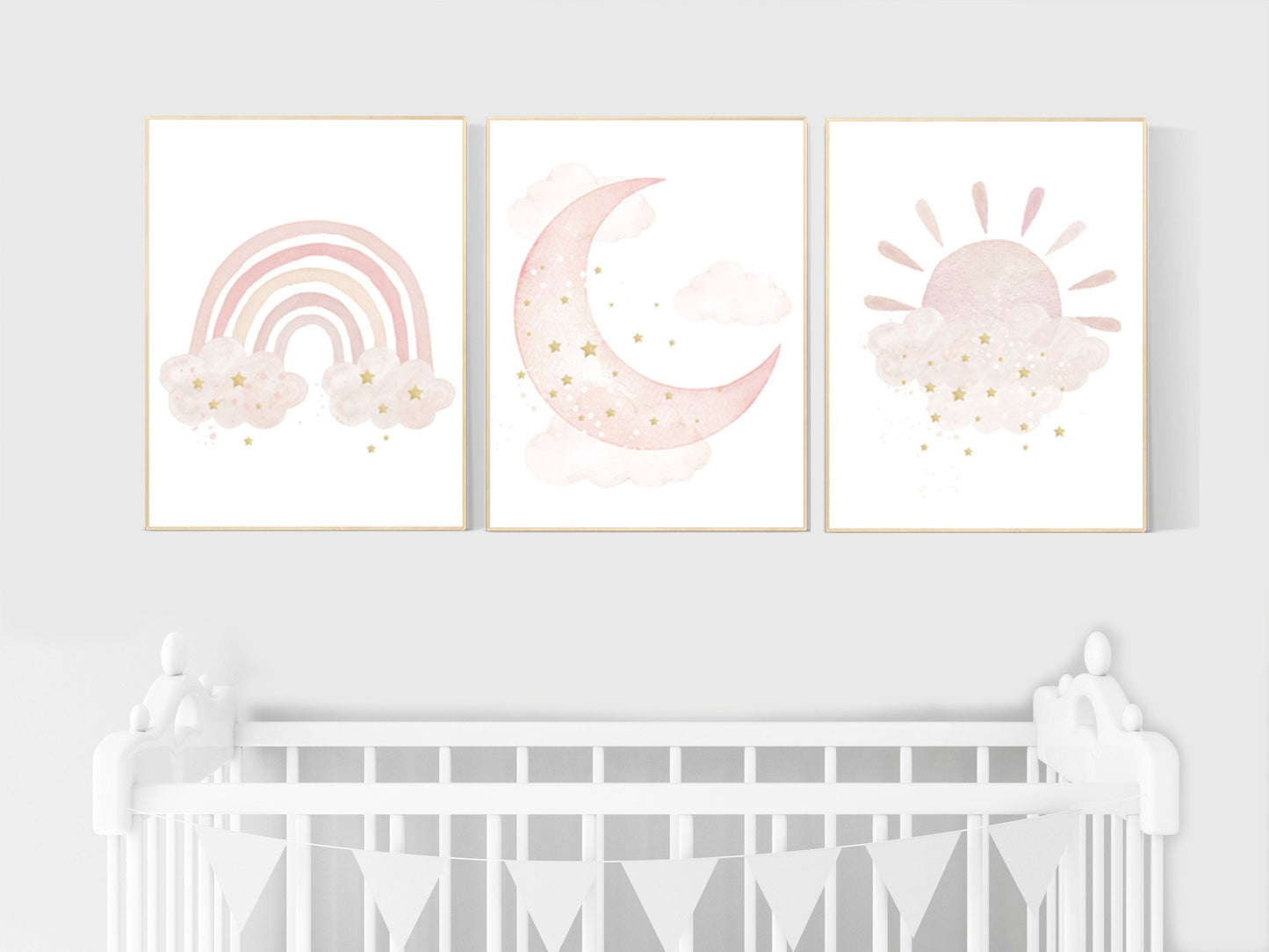 Nursery prints rainbow, blush Nursery decor girl, blush gold nursery wall art, blush pink, moon star, cloud, nursery wall art, sun nursery