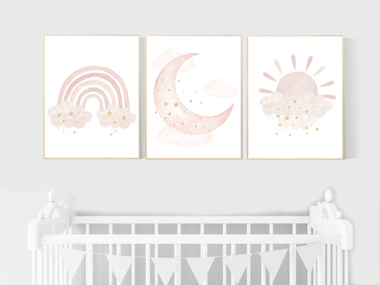 Nursery prints rainbow, blush Nursery decor girl, blush gold nursery wall art, blush pink, moon star, cloud, nursery wall art, sun nursery