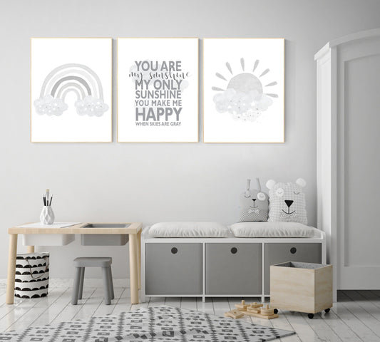 Nursery wall art grey, gray nursery, rainbow nursery, gender neutral nursery, you are my sunshine, moon and stars, rainbow print