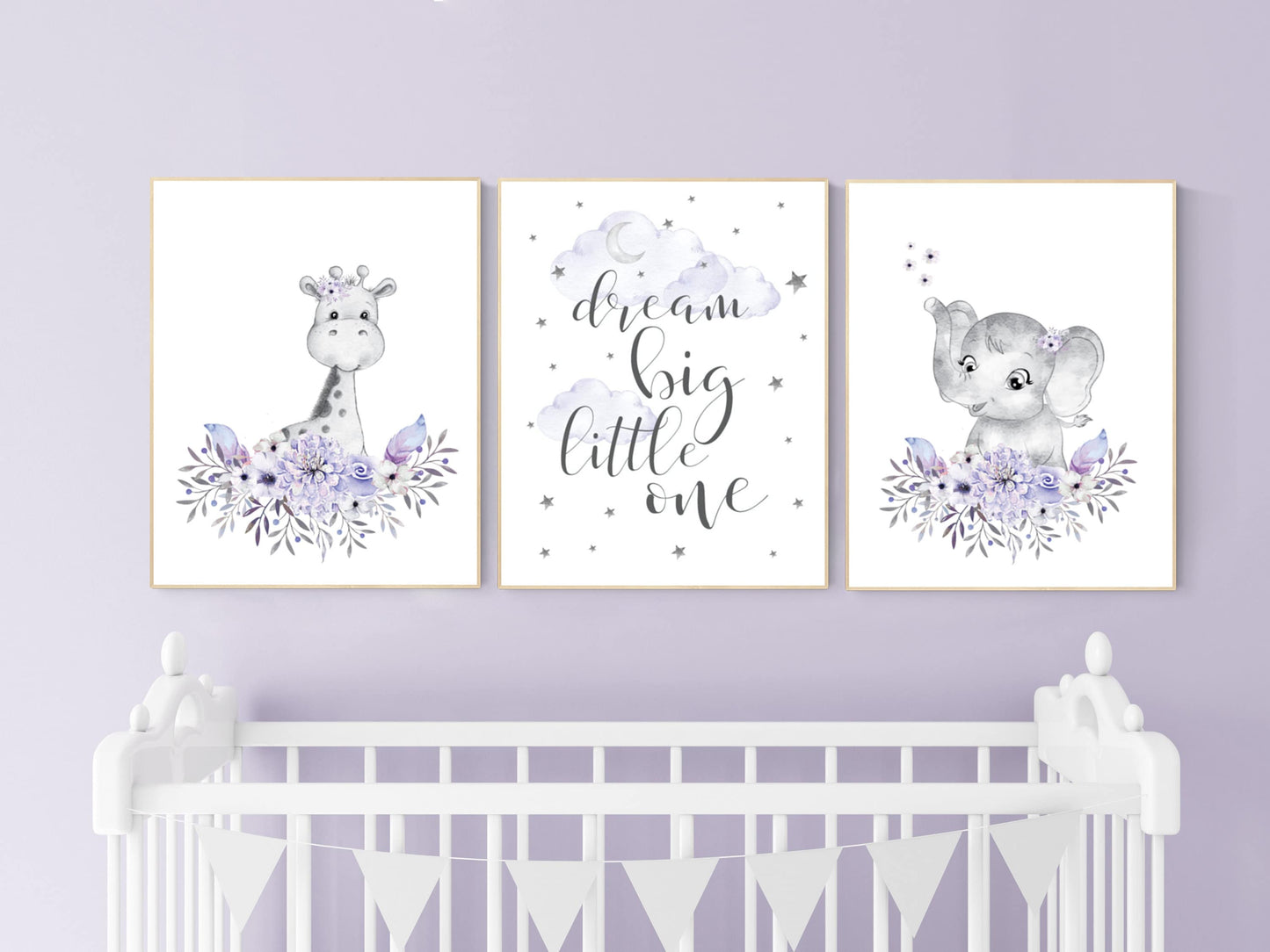 Nursery decor boho, Purple nursery, nursery wall art elephant, giraffe, nursery decor girl, nursery decor girl floral, lilac, lavender