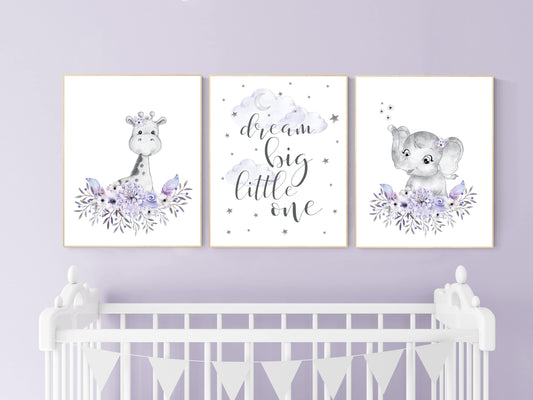 Nursery decor boho, Purple nursery, nursery wall art elephant, giraffe, nursery decor girl, nursery decor girl floral, lilac, lavender