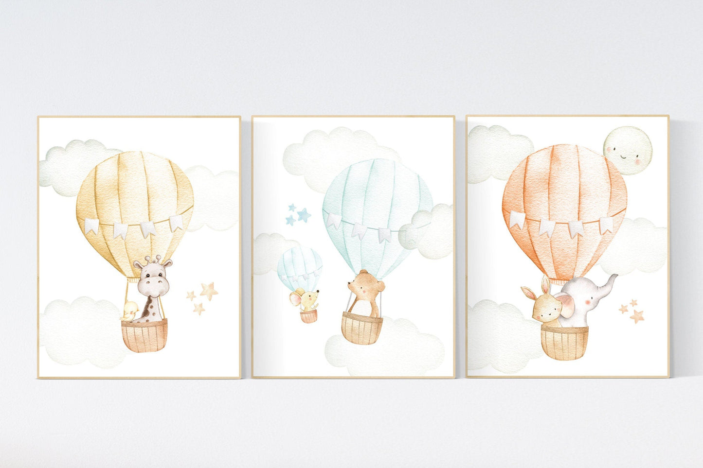 Nursery decor animals, hot air balloon, gender neutral, nursery decor, animal nursery, neutral, unisex, elephant giraffe, bear, nursery art