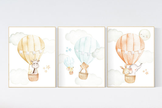 Nursery decor animals, hot air balloon, gender neutral, nursery decor, animal nursery, neutral, unisex, elephant giraffe, bear, nursery art