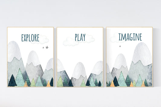 Nursery decor boy mountain, adventure nursery, adventure theme nursery, woodland, gender neutral, explore, play, imagine, mountains nursery