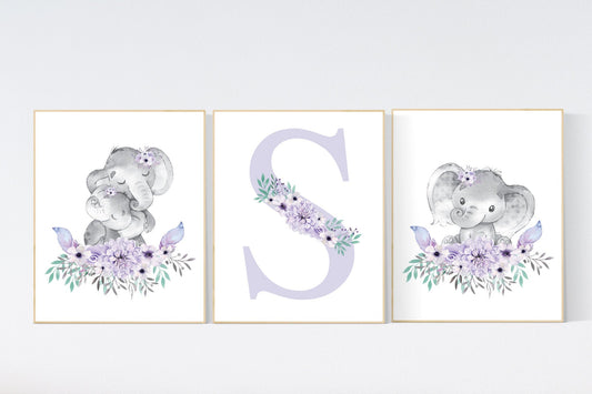 Purple teal nursery, Boho baby room, nursery wall art elephant, nursery decor girl, nursery decor girl floral, lilac nursery decor, lavender