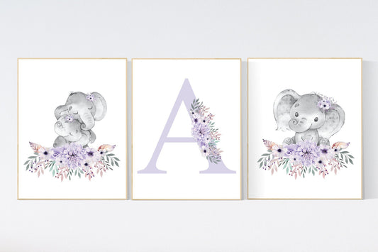 Purple nursery, Boho baby room, nursery wall art elephant, nursery decor girl, nursery decor girl floral, lilac nursery decor, lavender