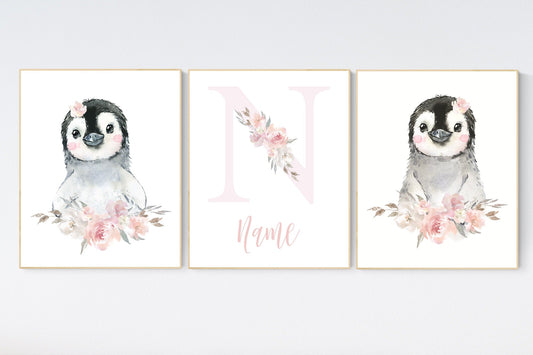 Penguin nursery, blush pink nursery wall art, girl nursery, baby room wall art, nursery wall art penguin, nursery decor girl, penguins