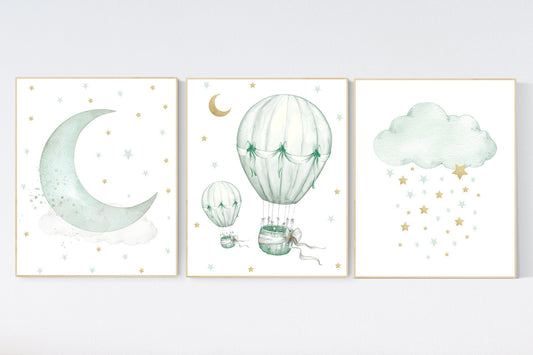 Sage green Nursery decor, green gold baby nursery, nursery decor boy and girl, cloud and star nursery, moon nursery decor, gender neutral