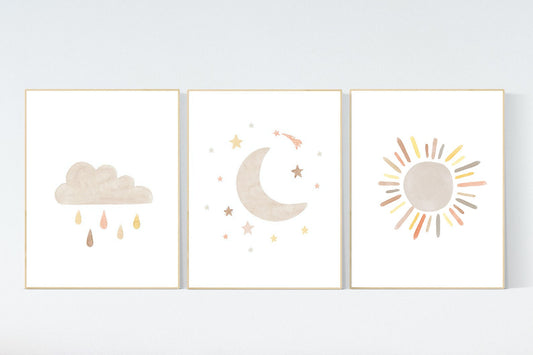 Nursery decor gender neutral, sunshine, neutral Wall Art, cloud Print Set, Cloud and Sun, nursery wall decor, set of 3, neutral colors