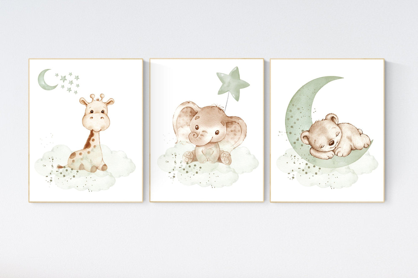 Nursery wall art animals, green nursery, gender neutral nursery, sage green, baby room decor, bear, elephant, giraffe, animal prints