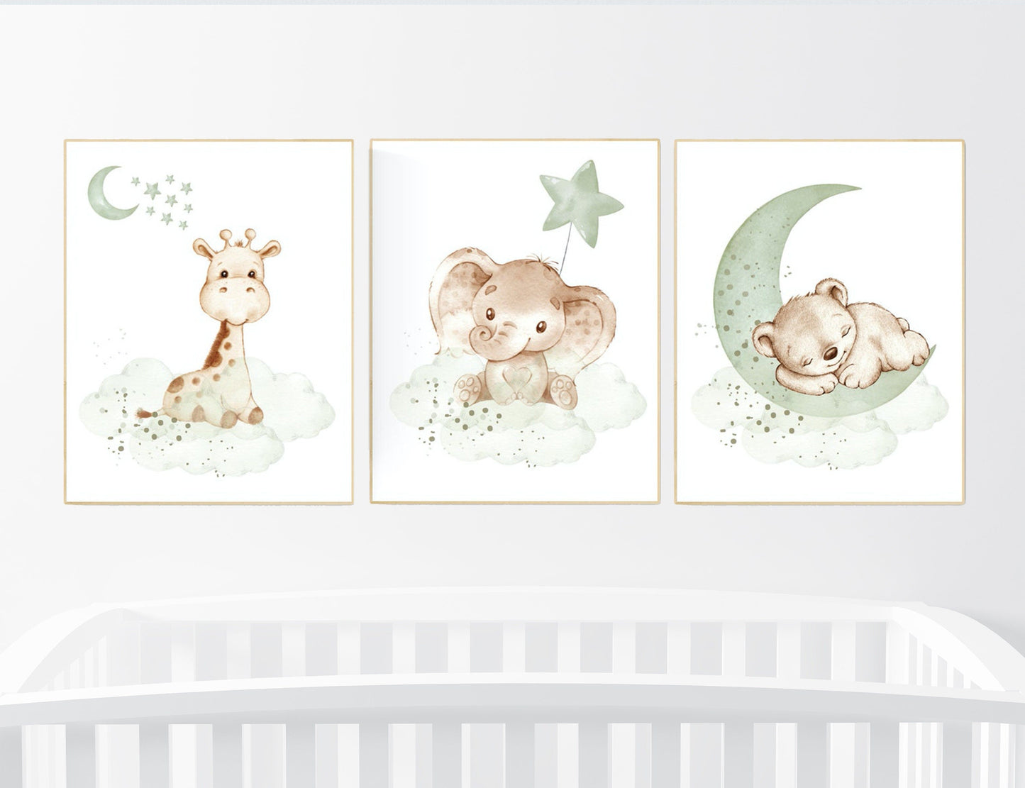 Nursery wall art animals, green nursery, gender neutral nursery, sage green, baby room decor, bear, elephant, giraffe, animal prints