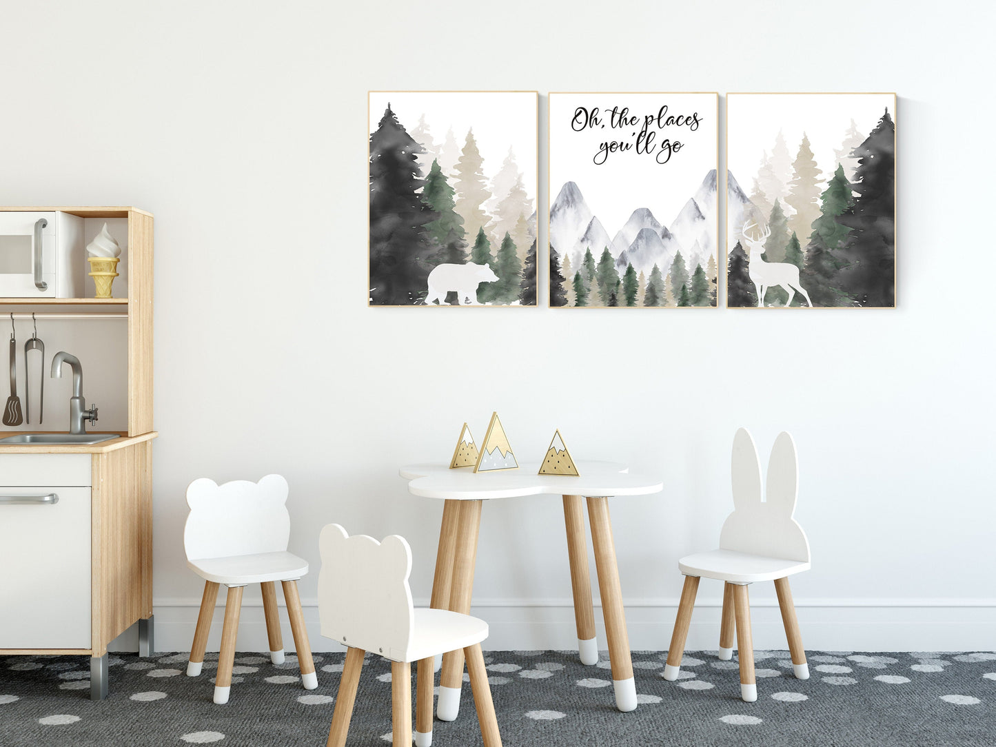 Nursery decor woodland, mountain wall art, tree nursery decor, adventure theme nursery, forest, sage green, beige, woodland animals